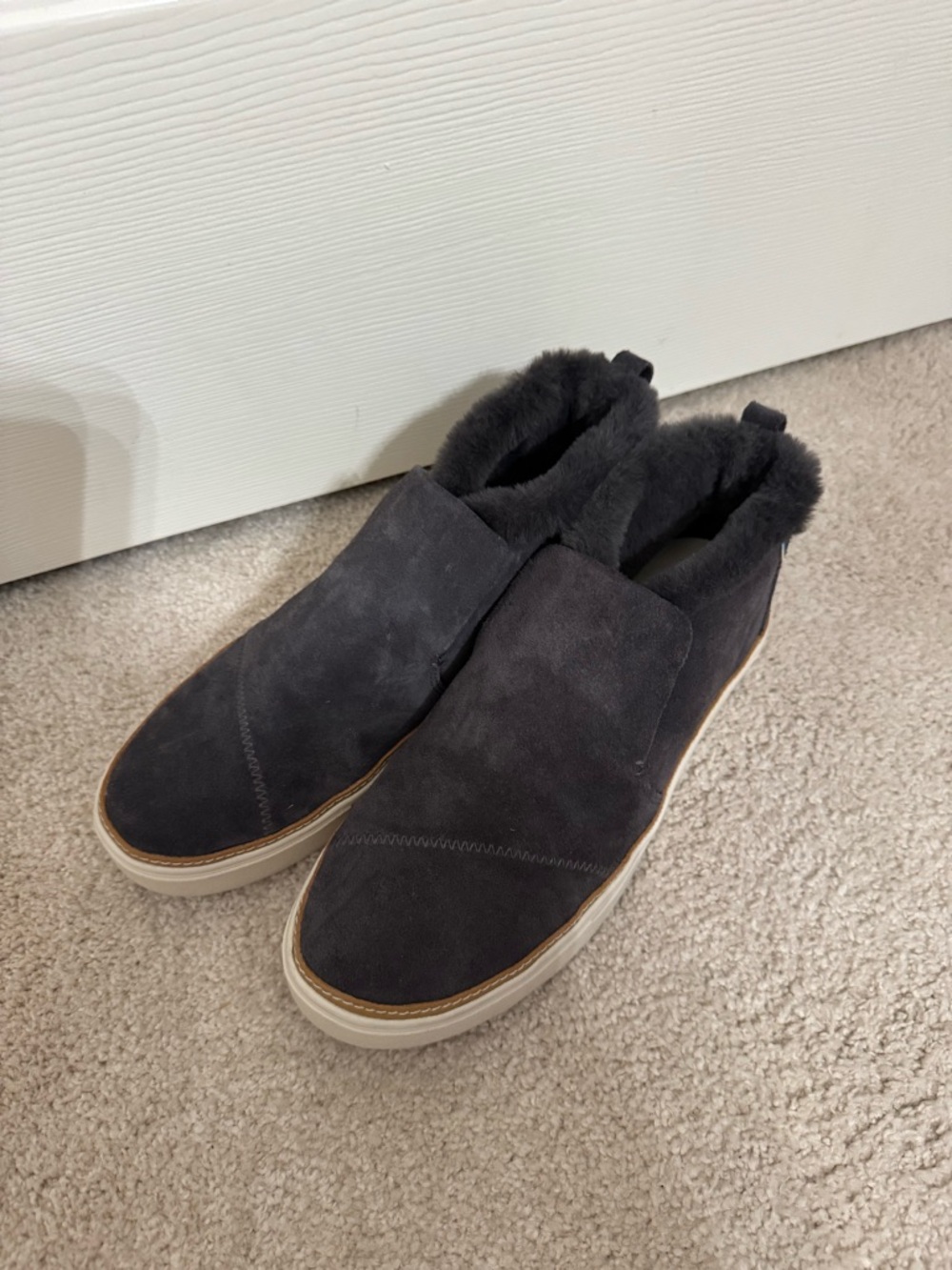 Toms Women's Gray Suede Slip-On Booties with Faux Fur Lining- zipper closure